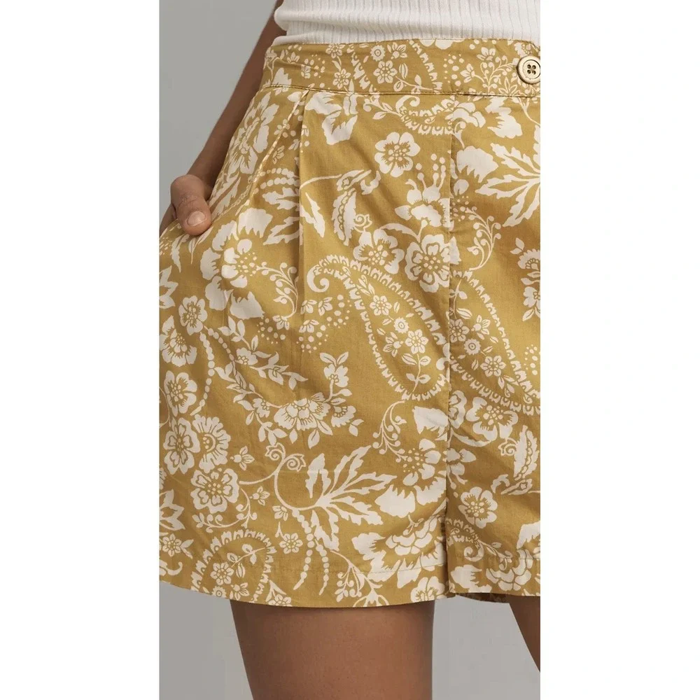 Anthropologie Maeve Pleated Poplin Floral Shorts in Chartreuse Mustard Yellow - Picture 2 of 9